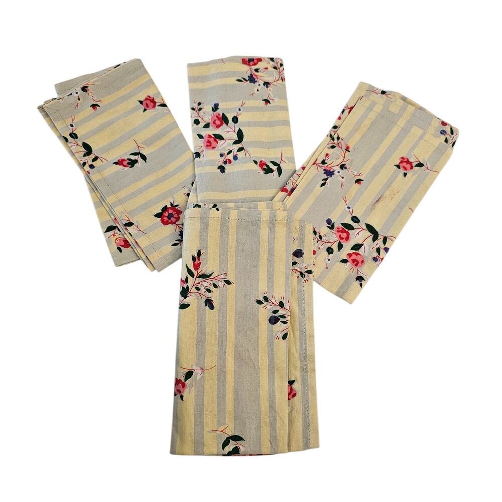 Set of 4 Vintage 100% Cotton Napkins Floral Striped Cottagecore Yellow Gray